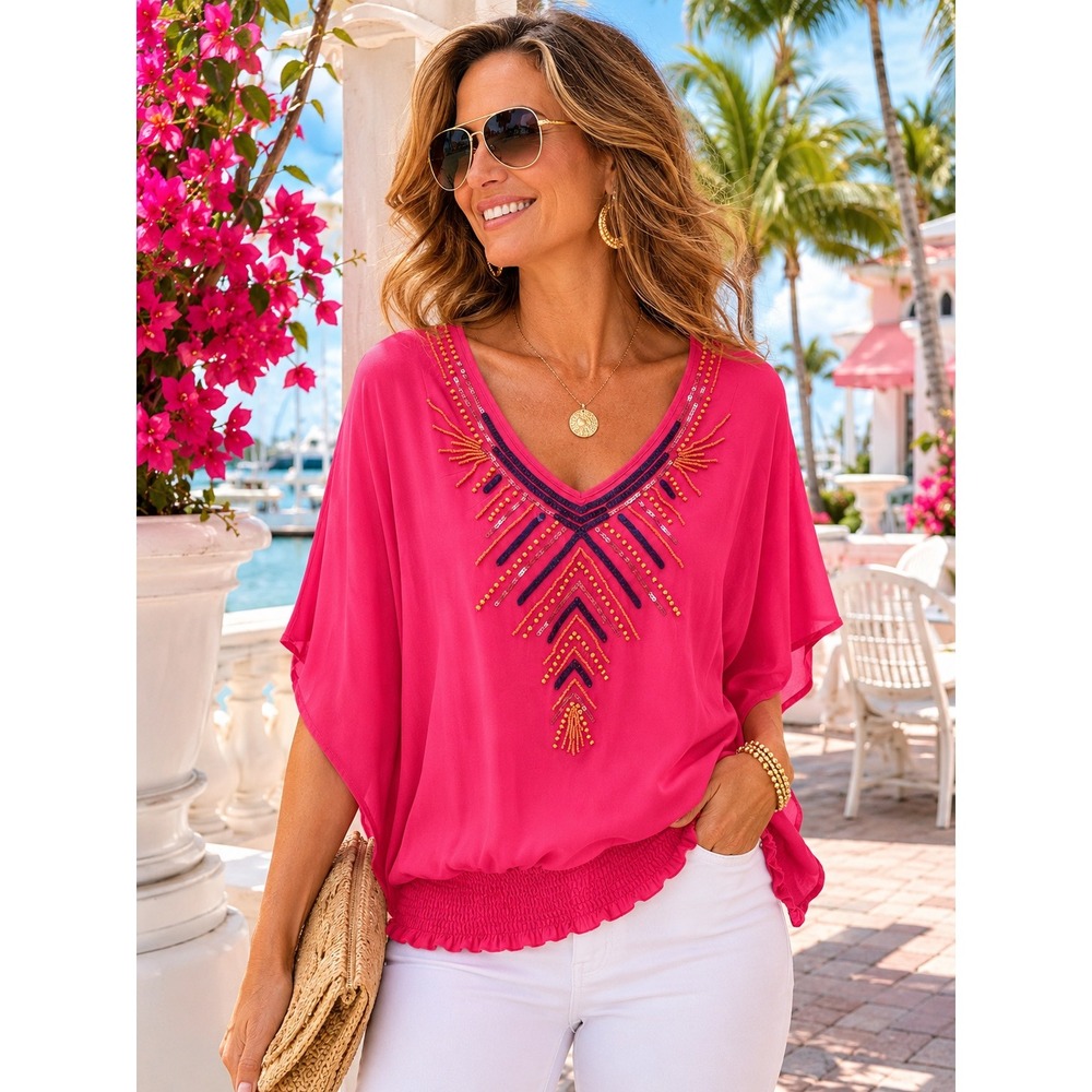 Coldwater Creek Hot Pink Beaded‎ Boho Top Womens Medium Dolman Sleeve